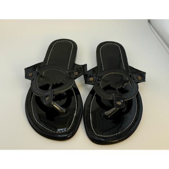 EUC Vintage 2000s‎ Y2K Laurent Effel Black Patent Leather Logo Sandals - Picture 2 of 12